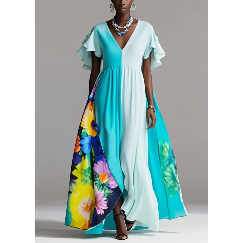 Beautiful Blue Exra Large Hem Patchwork Silk Vestidos Dress Petal Sleeve