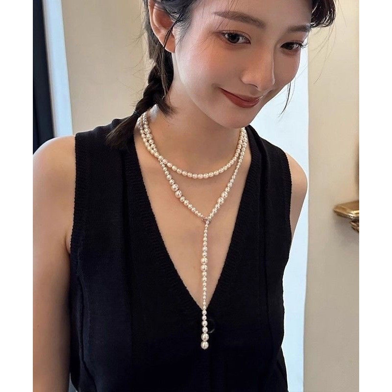 Bohemian White Alloy Pearl Beading Sweater Gratuated Bead Necklace