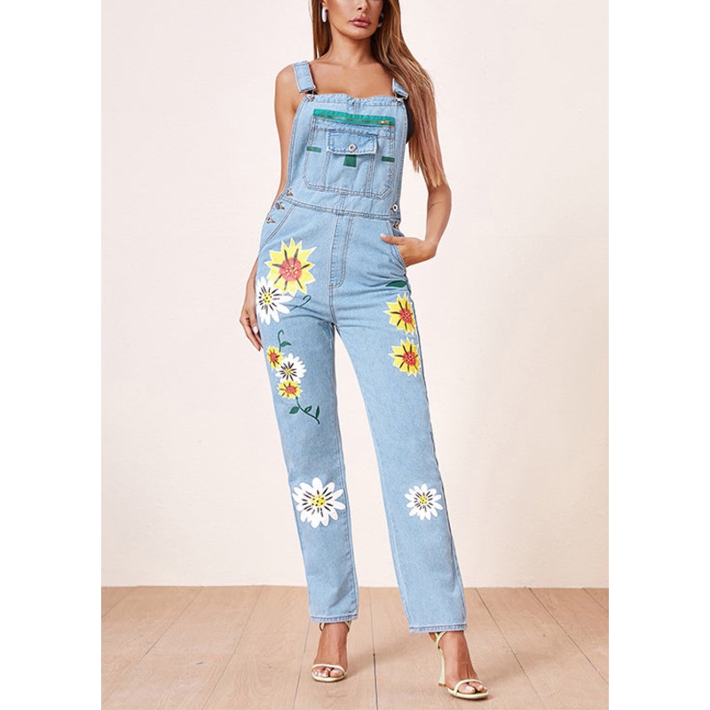 Casual Light Blue Print Pockets High Waist Denim Jumpsuits Sleeveless