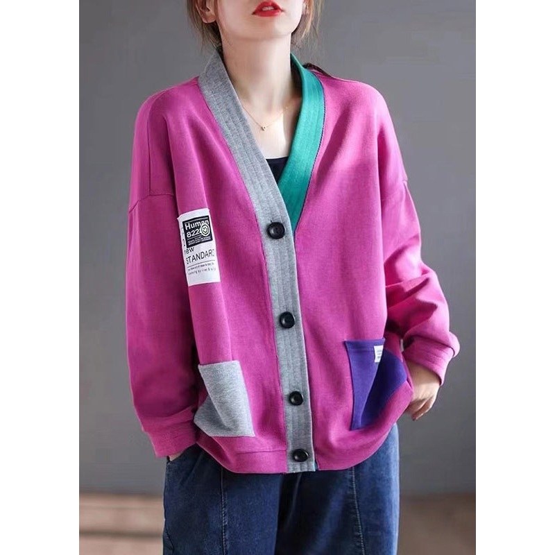 New Rose V Neck Button Patchwork Cotton Cardigan Spring