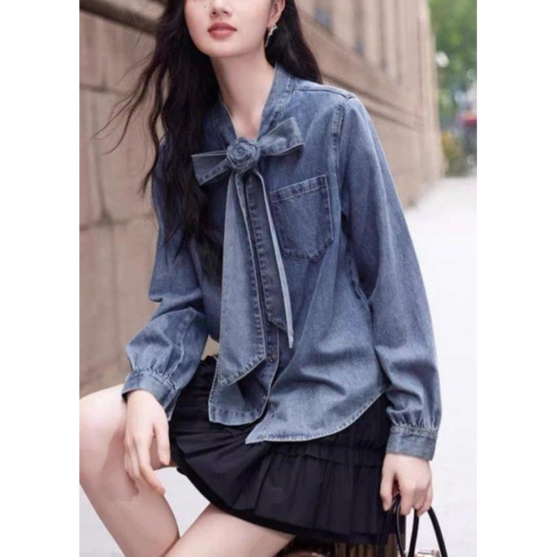 Stylish Blue Bow Button Pockets Denim Shirt Spring