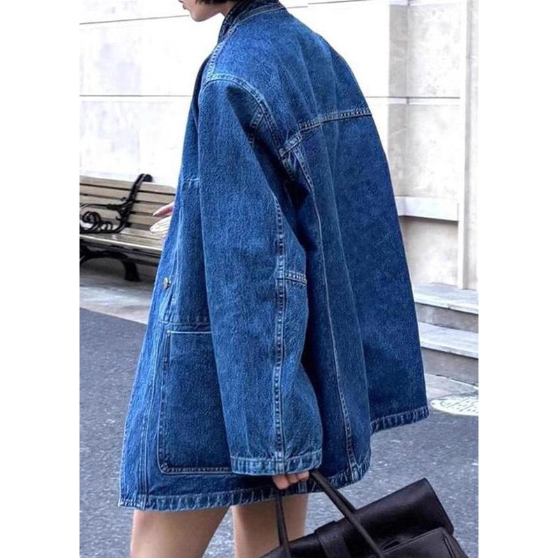 Vintage Blue V Neck Button Pockets Denim Coat Spring