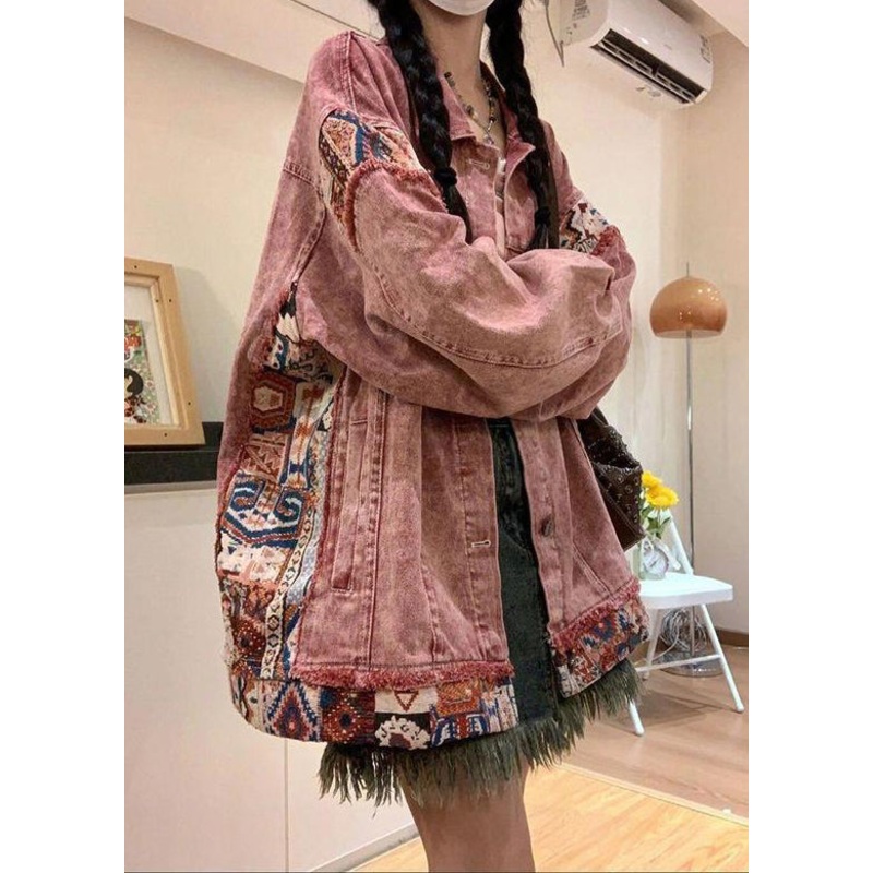 Vintage Pink Peter Pan Collar Button Patchwork Denim Coat Spring