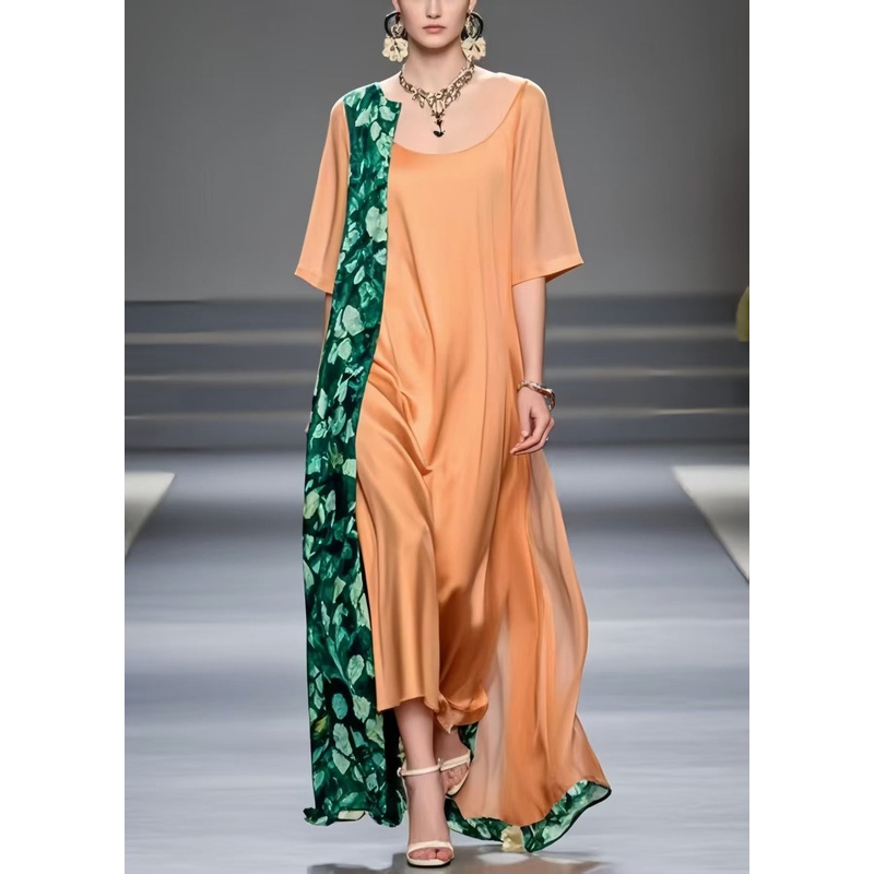 Women Brick Red Asymmetrical Patchwork Chiffon Dress Summer