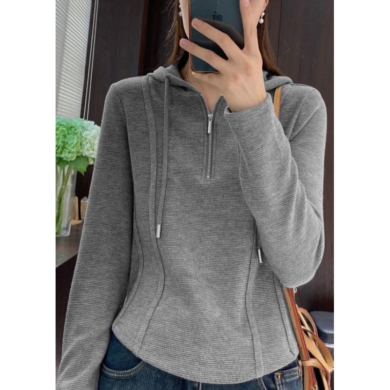 Women Grey Hooded Zippered Cotton T Shirt Spring