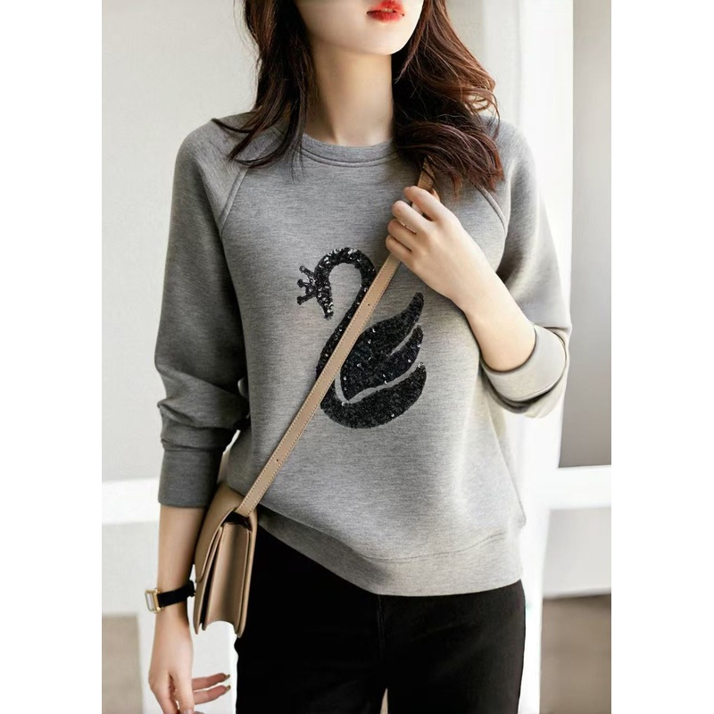 Women Grey O Neck Sequins Cotton Sweatshirt Spring