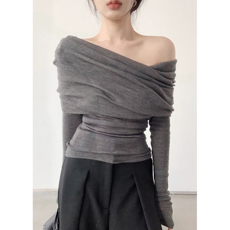 Women Grey Slash Neck Wrinkled Solid Knit Top Spring