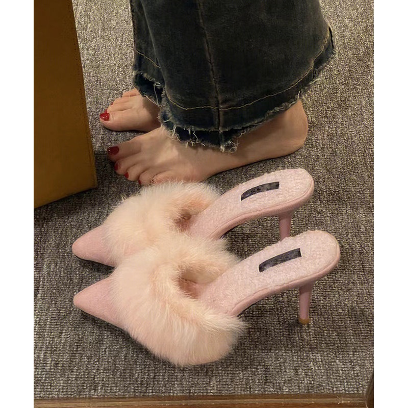 2025 New Pink High Heels Slippers Pointed Toe Fuzzy Wool Lined