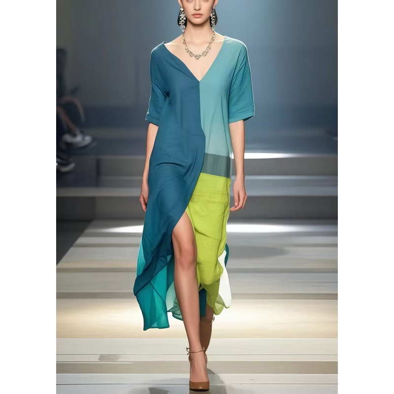 Art Asymmetrical Design Side Open Cotton Ankle Dress Summer