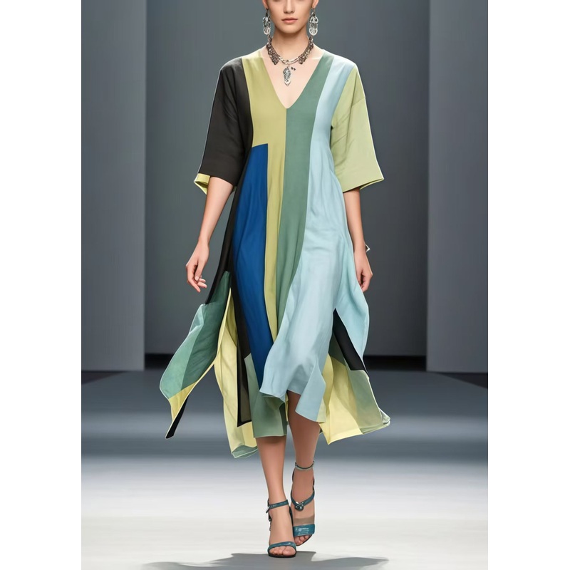Art Asymmetrical Patchwork Side Open Cotton Long Dresses Summer