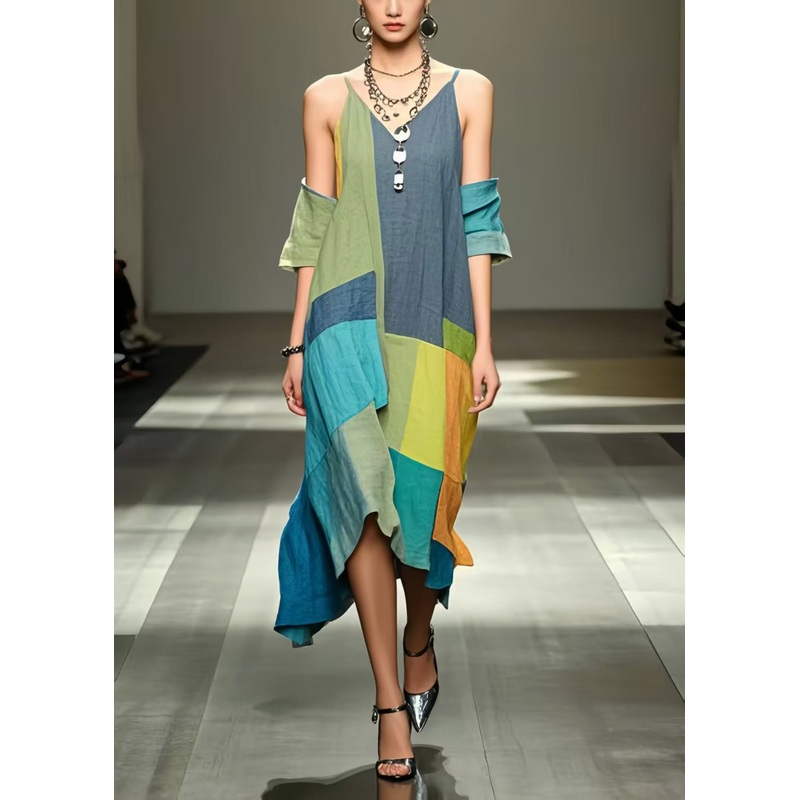 Art Colorblock Asymmetrical Patchwork Applique Cotton Cold Shoulder Dress Summer