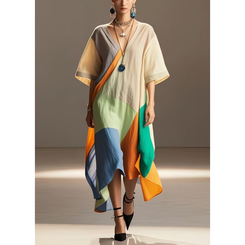 Art Colorblock Oversized Asymmetrical Design Cotton Long Dress Summer