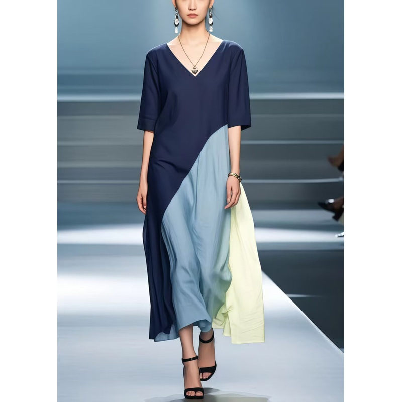 Art Navy Asymmetrical Design Cotton Fake Two Piece Dresses Summer