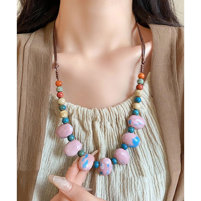 Art Pink Handmade Weaving Beading Ceramic Gratuated Bead Necklace