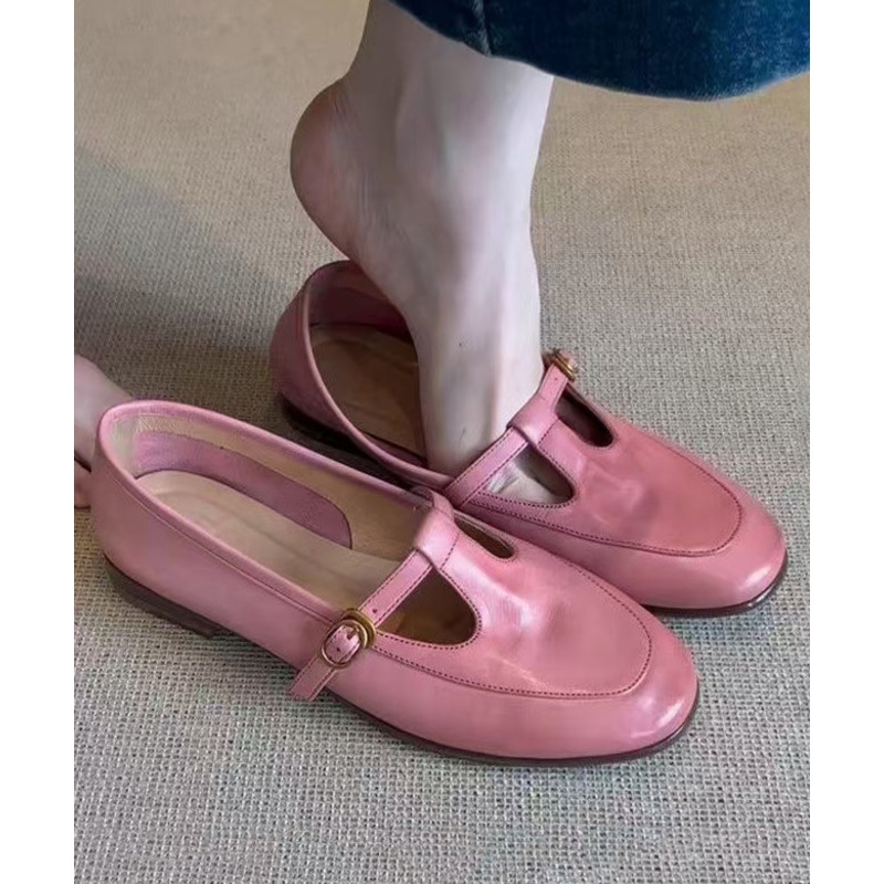 Boutique Splicing Flat Shoes Pink Cowhide Leather