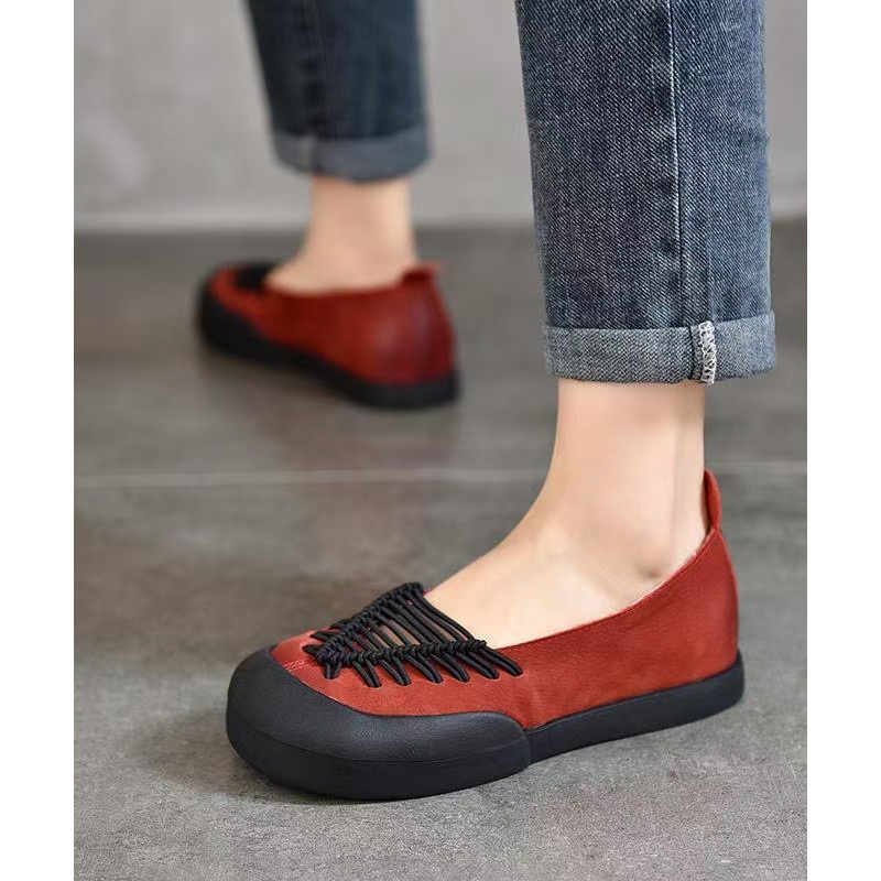 Casual Comfortable Red Cowhide Leather Splicing Flat Feet Shoes