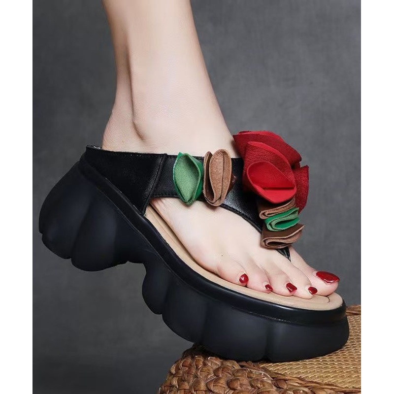 Comfortable Splicing Floral Platform Flip Flops Black Faux Leather
