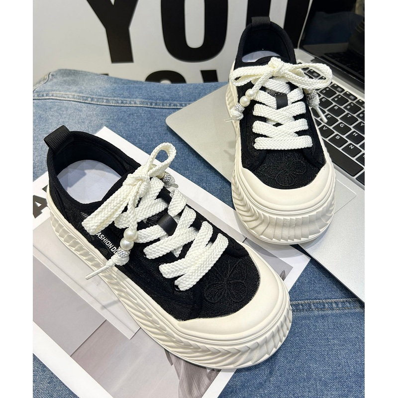 Comfy Splicing Platform Flat Shoes For Women Black Breathable Mesh