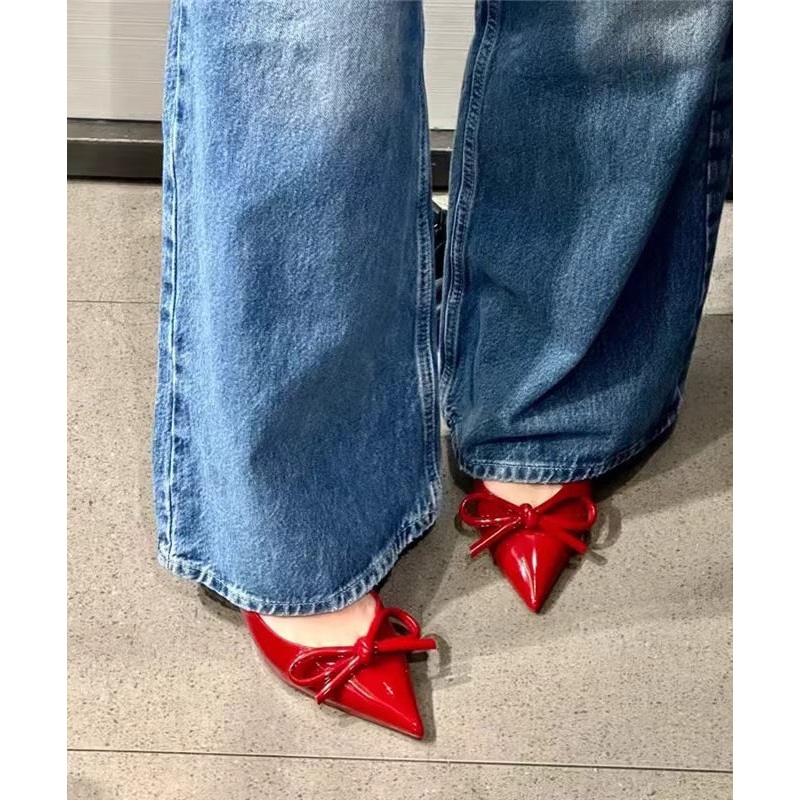 Elegant Bow Splicing Stiletto High Heels Red Faux Leather
