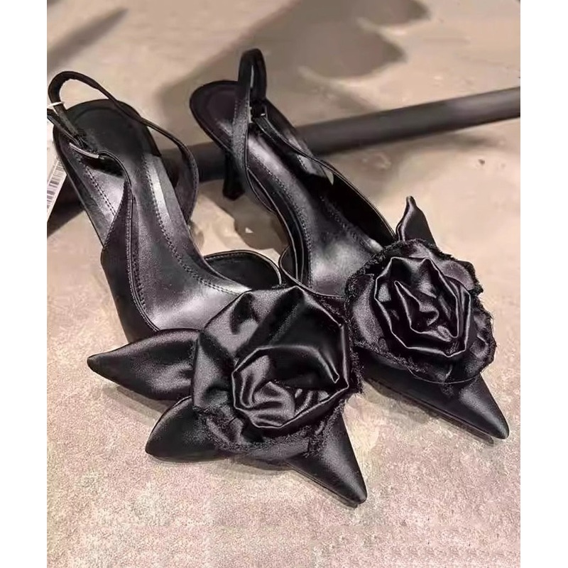 Stylish Black Floral Splicing High Heel Sandals Pointed Toe