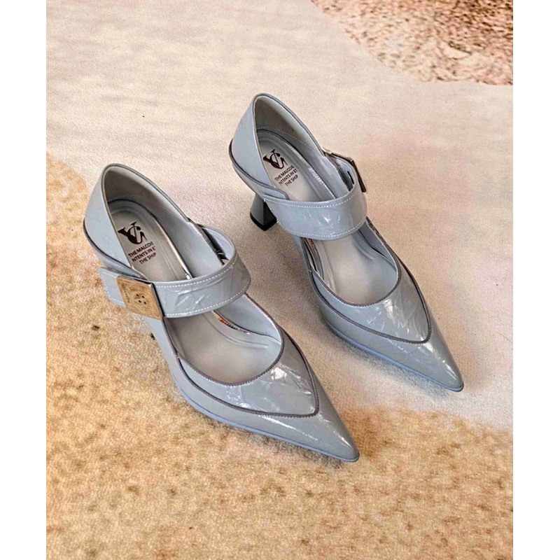 Stylish Splicing High Heels Blue Grey Cowhide Leather Pointed Toe