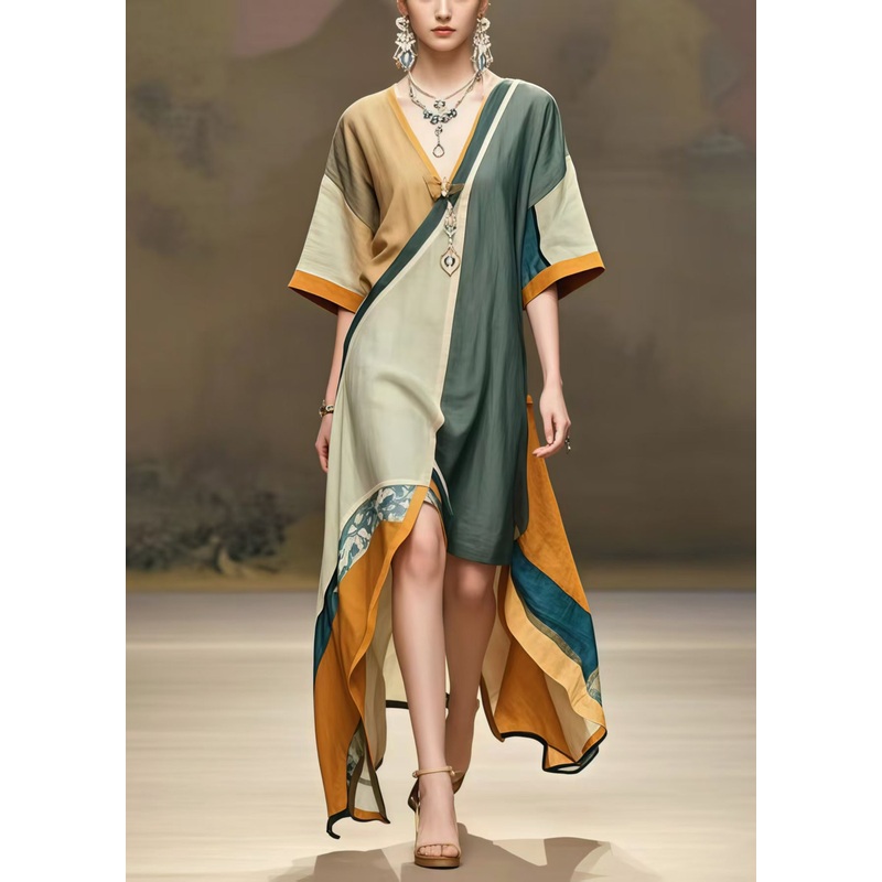 Women Colorblock Asymmetrical Cotton Maxi Dress Summer