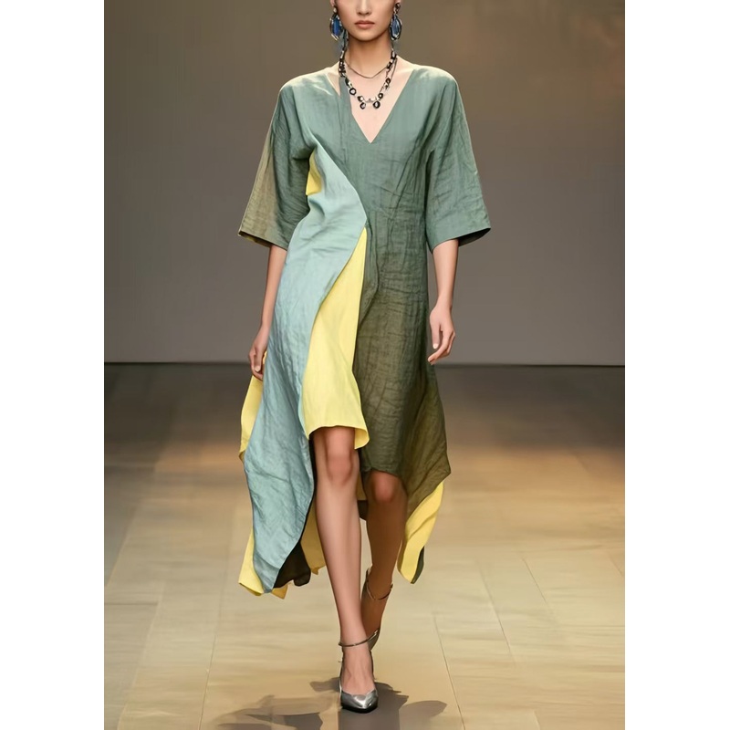 Women Multicolour Asymmetrical Patchwork Cotton Long Dresses Summer
