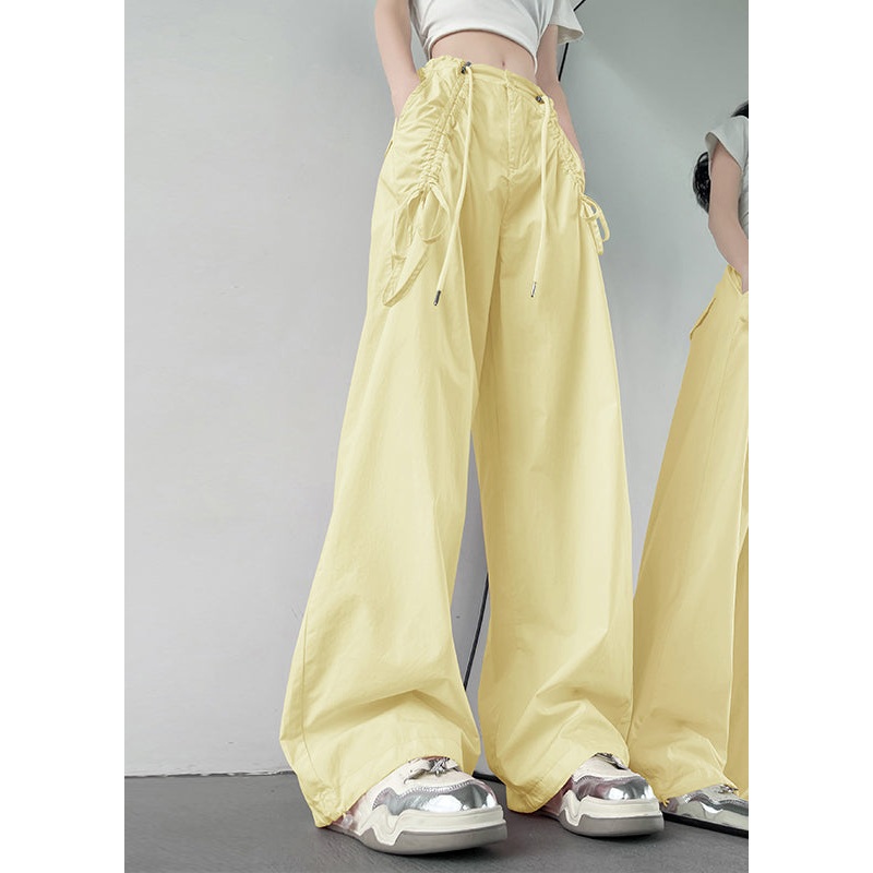 2025 New Yellow Pockets Drawstring High Waist Cotton Pants Spring