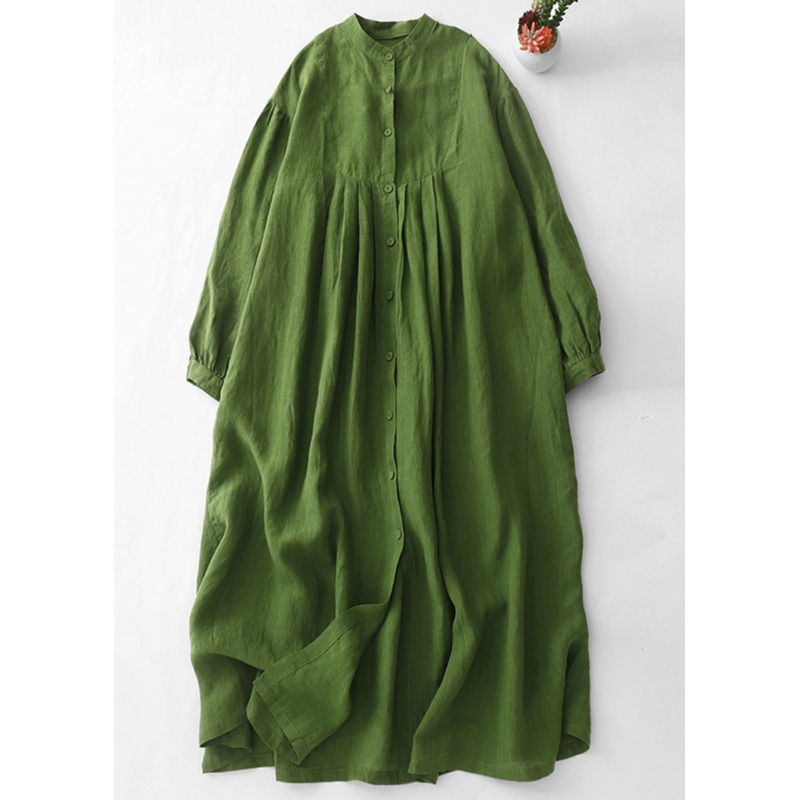 Art Green Button Wrinkled Solid Cotton Blouses Dress Spring