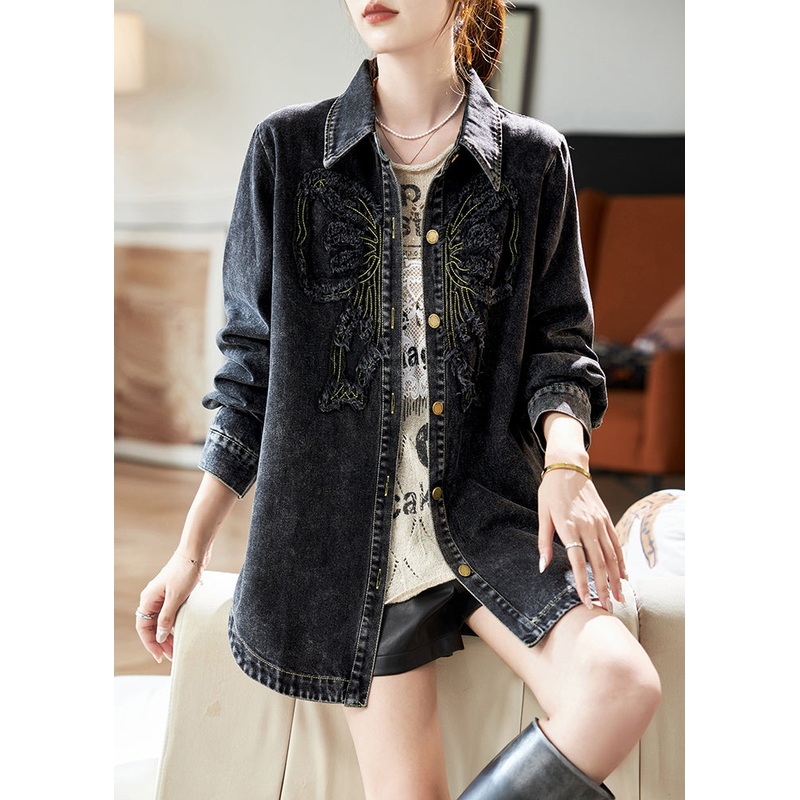 Casual Black Peter Pan Collar Patchwork Button Denim Coats Spring