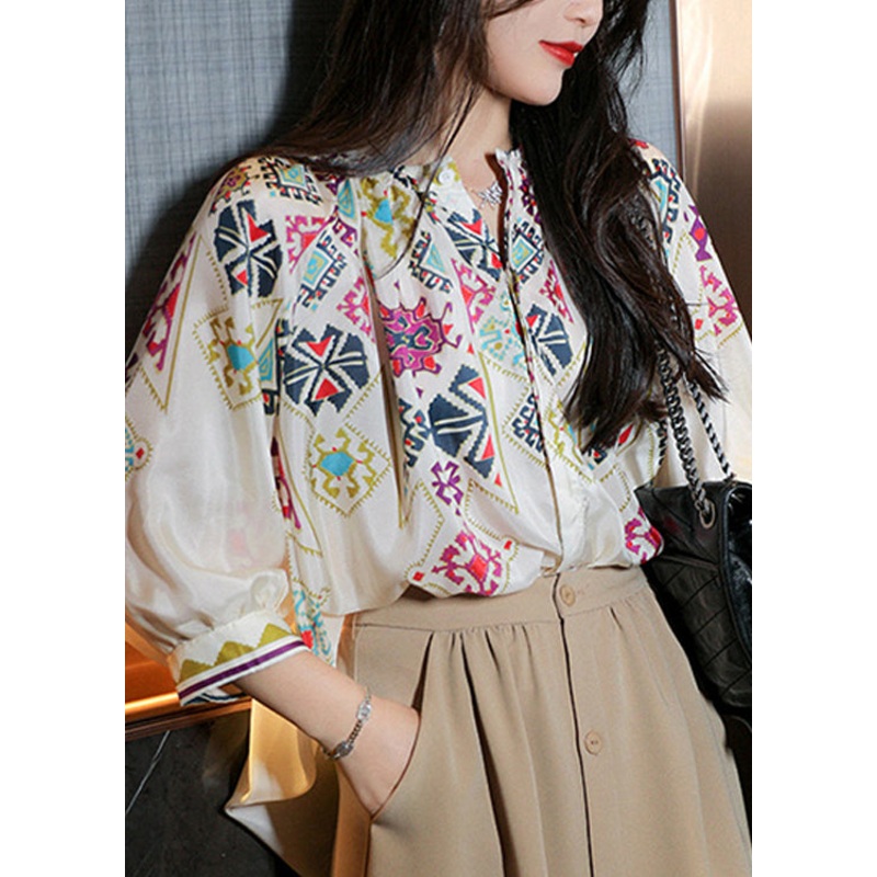 Elegant White O Neck Print Chiffon Shirt Spring