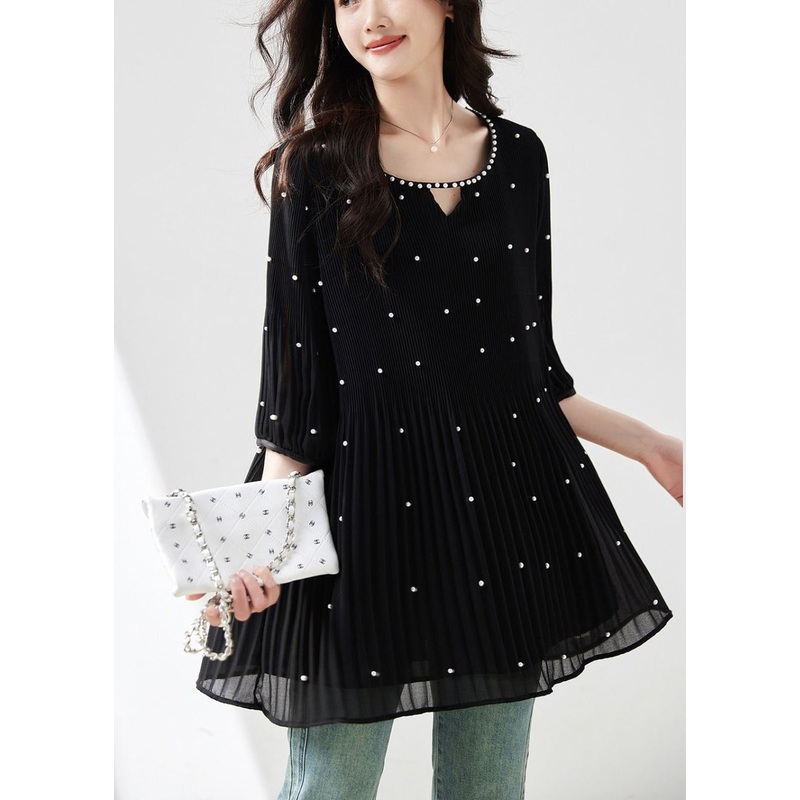Modern Black O-Neck Nail Bead Silk Top Half Sleeve