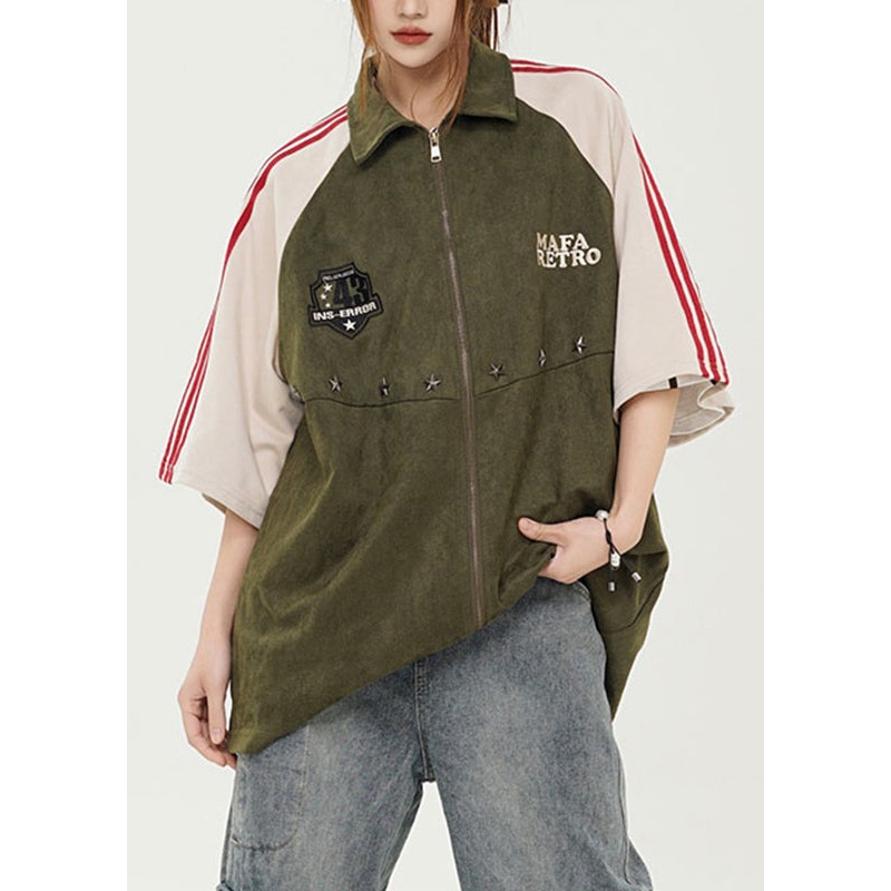 Women Green Peter Pan Collar Striped Patchwork Top Short Sleeve