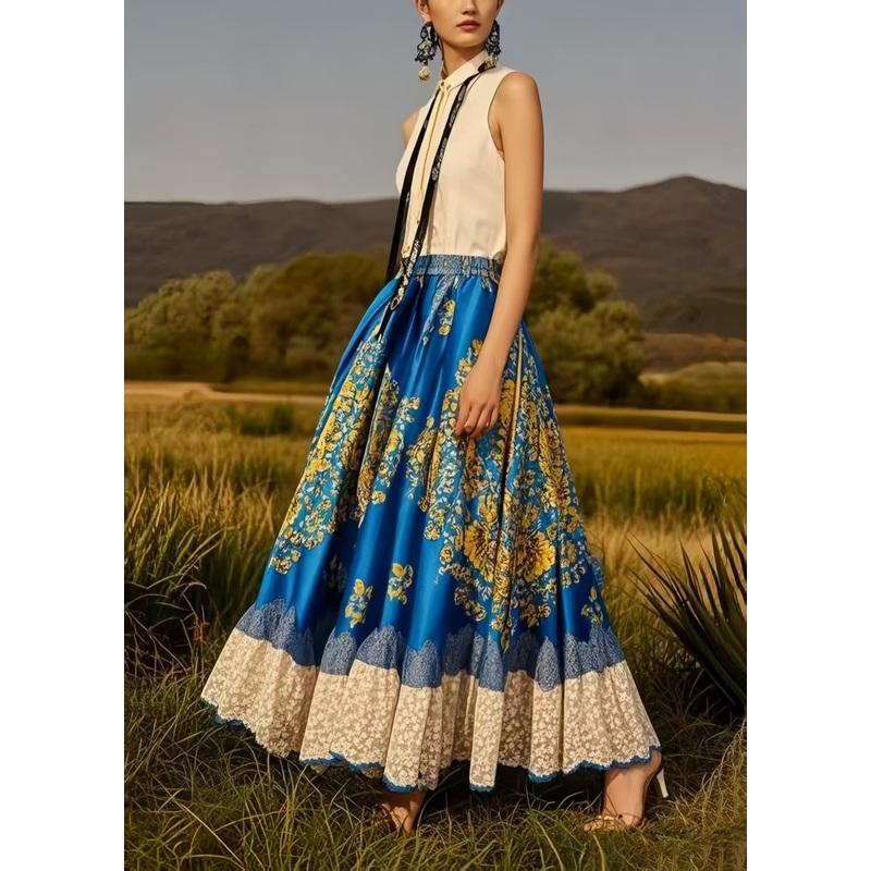 Boutique Blue Print Exra Large Hem Silk Skirt Spring