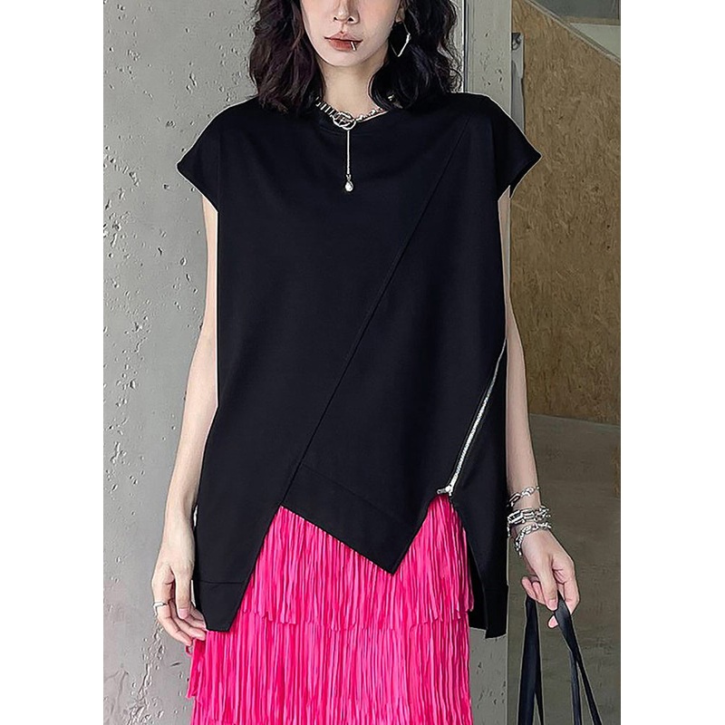Casual Black O-Neck Zippered Top Summer