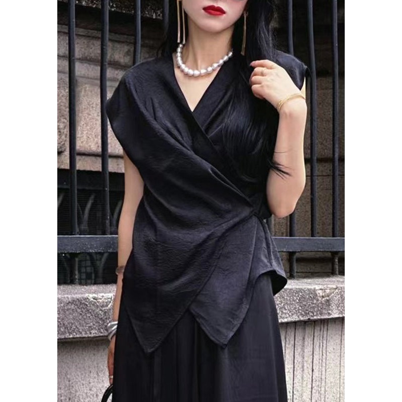 Chic Black V Neck Tie Waist Top Summer