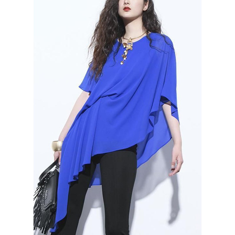 Chic Royal Blue Asymmetrical Chiffon Shirt Short Sleeve