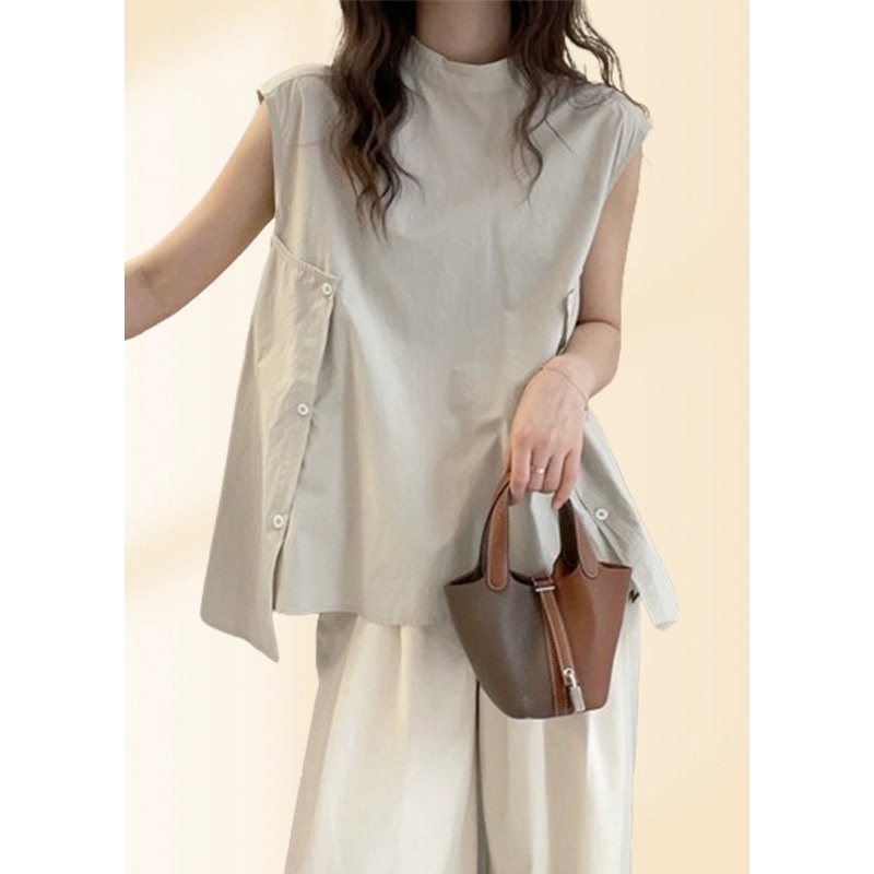 Women Apricot Stand Collar Asymmetrical T Shirt Short Sleeve