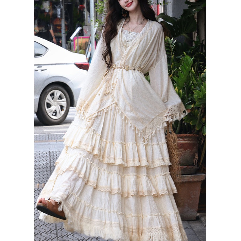Art Beige V Neck Lace Patchwork Tassel Cardigans Maxi Skirts And Two Piece Set Spring