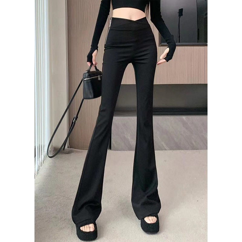Art Black Zippered Patchwork High Waist Flared Trousers Spring