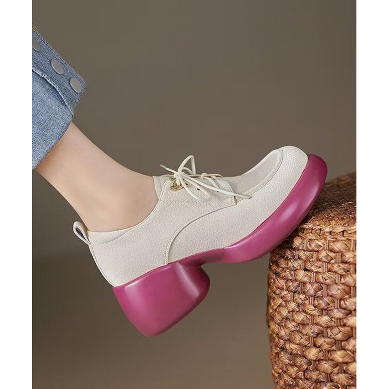 Beige Cowhide Leather Splicing Chunky Loafer Shoes Lace Up