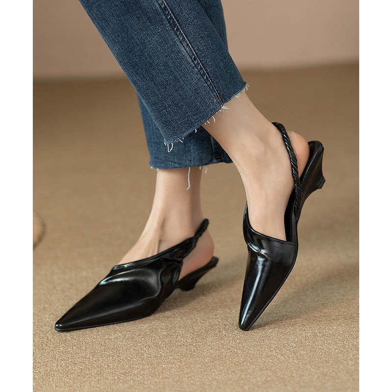 Black Kitten Cowhide Leather Handmade Splicing Sandals Pointed Toe