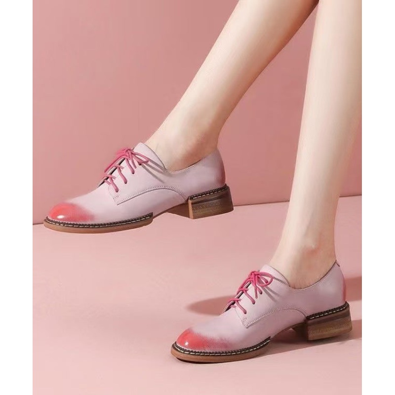 Casual Comfortable Pink Lace Up Chunky Cowhide Leather