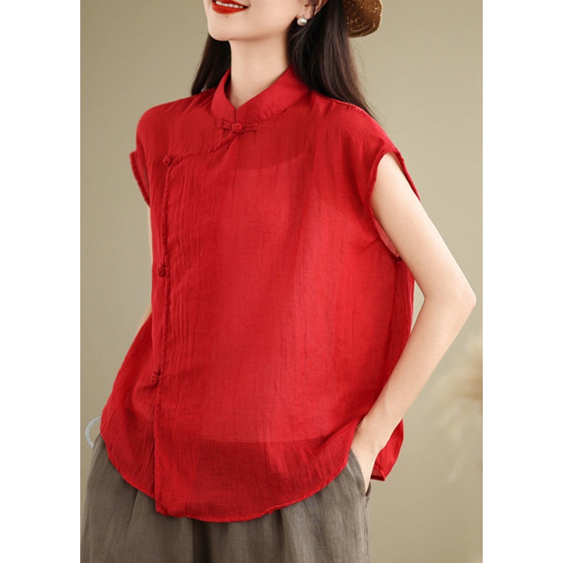 Chinese Style Red Stand Collar Patchwork Linen Shirt Short Sleeve