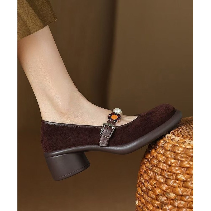 Comfortable Splicing Chunky Heel Brown Suede Buckle Strap