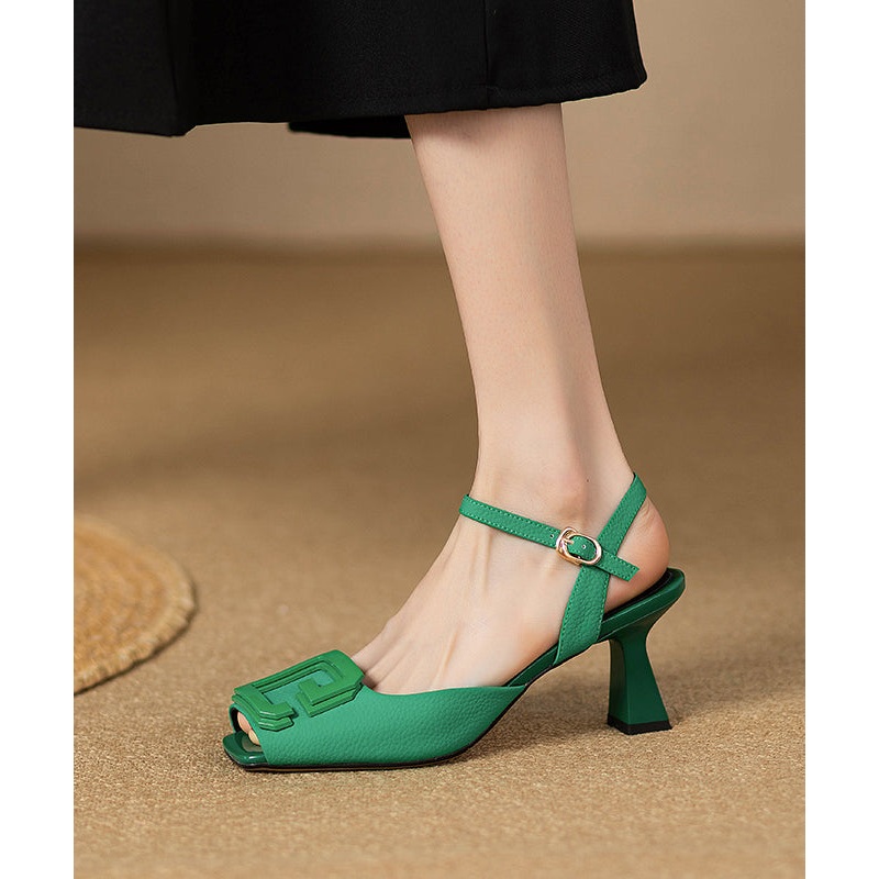 French Green Faux Leather High Heels Square Toe
