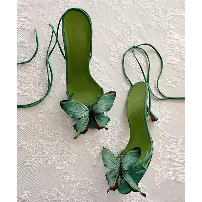 New Green Butterfly Flower Stiletto Sandals Lace Up