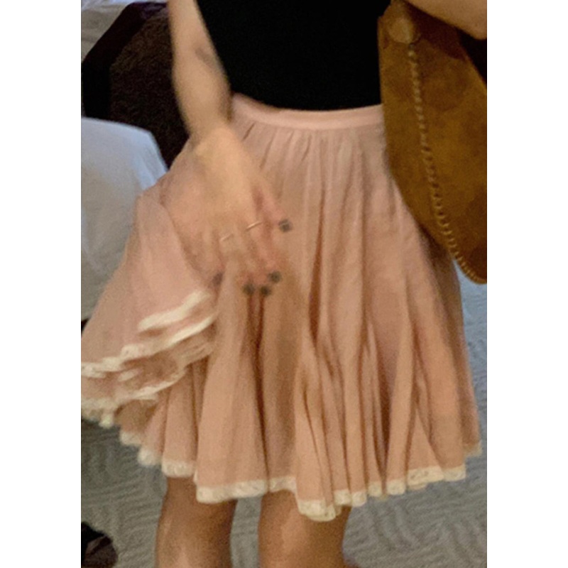 Simple Pink Lace Patchwork A Line Skirt Summer