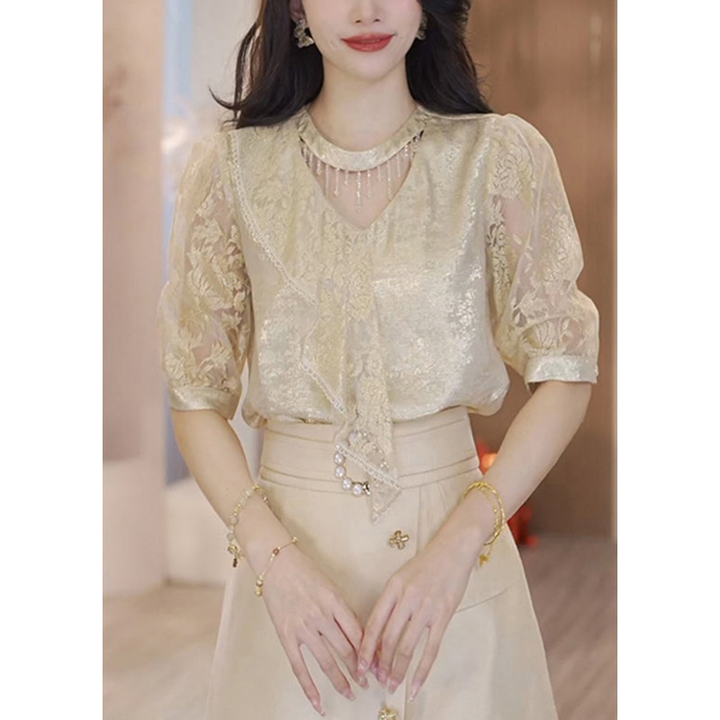 Unique Champagne Ruffled Patchwork Jacquard Silk Blouse Tops Summer