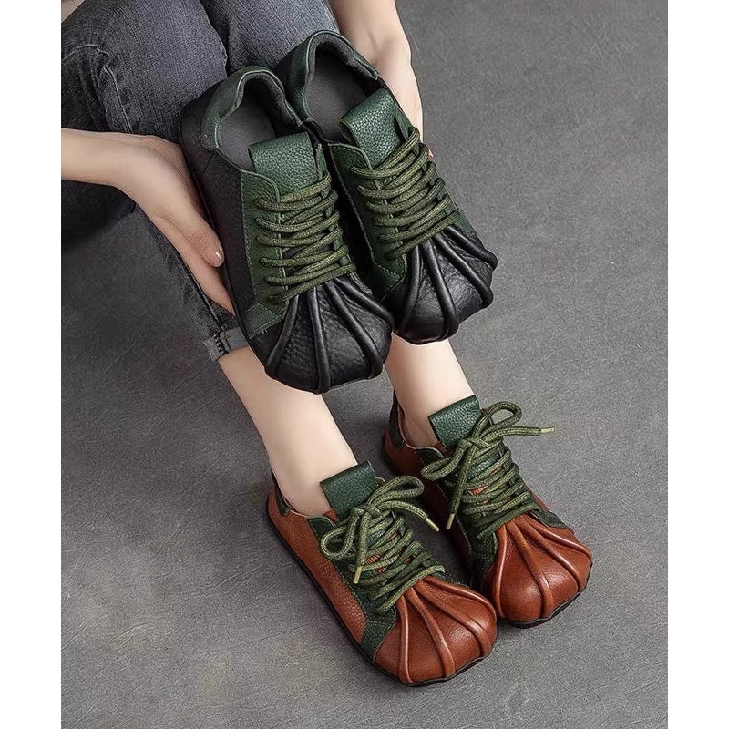 Vintage Green Cowhide Leather Flat Shoes Splicing Lace Up